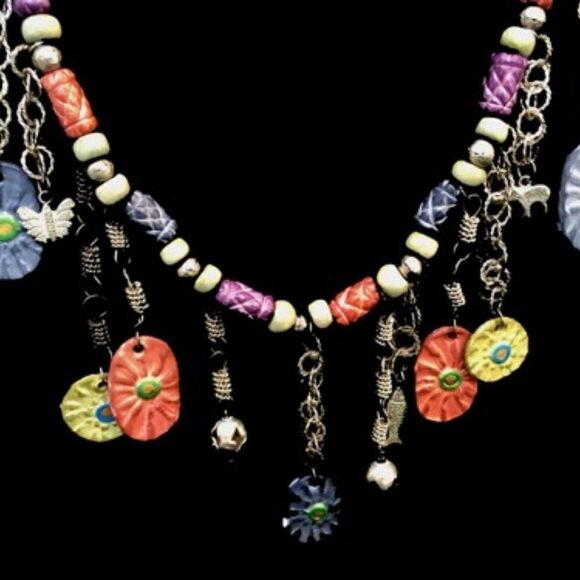 BOHO ARTISAN CERAMIC BEAD CHARM FLOWER NECKLACE 28 - Picture 6 of 6